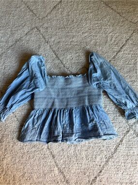 American Eagle Denim Embroidered Smocked Top Size M
